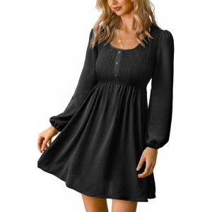 CUPSHE Womens Smocked Mini Dress Round Neck Long Sleeves Fall Casual Ruffle Dress(Black)