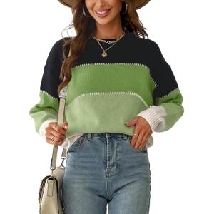 CUPSHE Women’s Striped Color Block Sweater Long Sleeve Crewneck Lightweight Pullover Sweater Tops(Black Green)