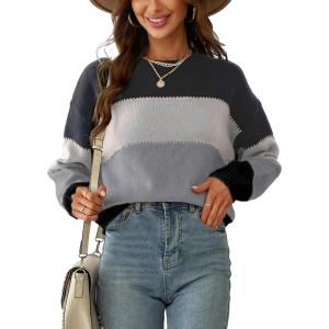 CUPSHE Women’s Striped Color Block Sweater Long Sleeve Crewneck Lightweight Pullover Sweater Tops(Iron)