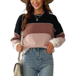 CUPSHE Women’s Striped Color Block Sweater Long Sleeve Crewneck Lightweight Pullover Sweater Tops(White)
