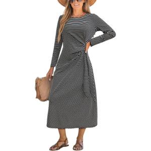 CUPSHE Women’s Striped Midi Casual Dresses Cotton Fall Long Sleeve Tie Front Dress(Striped)
