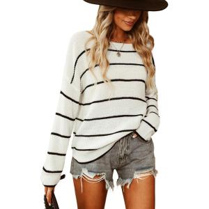 CUPSHE Women’s Striped Sweaters Long Sleeve Boat Neck Colorblock Knitted Pullover Sweater Tops(Black&white)