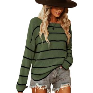 CUPSHE Women’s Striped Sweaters Long Sleeve Boat Neck Colorblock Knitted Pullover Sweater Tops(Green)
