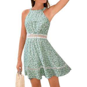 CUPSHE Women’s Summer Dresses Ditsy Floral Halter Cutout Beach Vacation Mini Dress(Green)