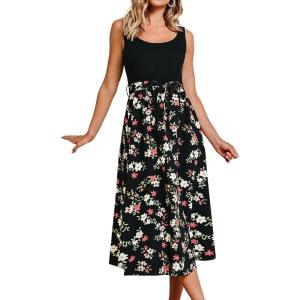 CUPSHE Women’s Summer Dresses Floral Tie Back Backless Square Neck Elastic Waist Midi Dress(Black Floral)