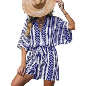 CUPSHE Women’s Summer Jumpsuit Floral Boho Deep V Neck Short Sleeve Wide Leg Beach Vacation Loose Jumpsuit(Blue)
