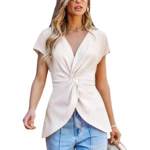 CUPSHE Womens Summer Short Sleeve Batwing Sleeve Back Tie Twisted Tops Blouse Shirt(White)