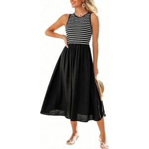 CUPSHE Womens Summer Sleeveless Midi Tank Dress Casual Striped Flowy A Line Long Sundress for Beach Vacation(Black White)