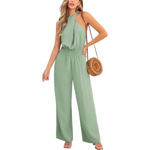 CUPSHE Women’s Summer Sleeveless Smocked Waist Straight Leg Tie Back Dressy Jumpsuits Rompers 2025 Trendy Outfits(Green)