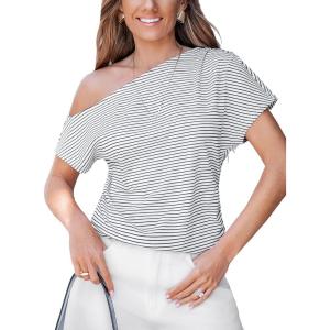 CUPSHE Womens Summer Tops Striped Off The Shoulder Short Sleeve Work Casual Blouse Shirt(White)