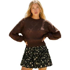 CUPSHE Womens Sweater Long Sleeve Crewneck 2025 Lightweight Trendy Crochet Sweaters Top(Cocoa Brown)