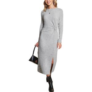 CUPSHE Women’s Sweater Midi Dresses Casual Long Sleeve Crew Neck Twist Waist Ribbed Knit Bodycon Fitted Slit Dress(Grey)