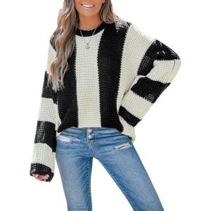 CUPSHE Womens Sweaters Casual Long Sleeve Chunky Knit Pullover Sweater Tops(Beige Black)