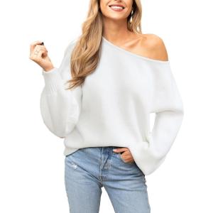 CUPSHE Womens Sweaters Christmas Off Shoulder Long Sleeve Sweater Casual Lightweight Xmas Pullover Sweater Tops(Solid White)