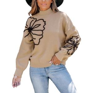 CUPSHE Womens Sweaters Mock Neck Long Sleeve Sweater Floral Lightweight Knit Pullover Sweater Tops Tops(Khaki)
