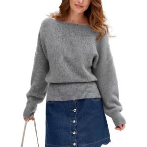CUPSHE Womens Sweaters Off Shoulder Long Sleeve Boat Neck Trendy Sweater Top for 2025(Grey)