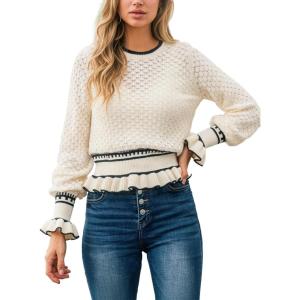CUPSHE Womens Sweaters Ruffle Long Sleeve Crewneck 2025 Trendy Lightweight Sweaters Top(Beige)