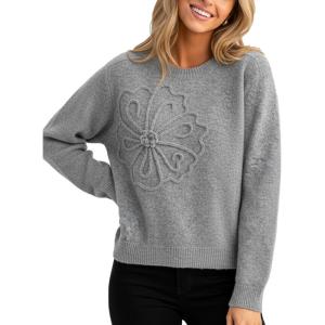 CUPSHE Women’s Sweaters Soft Knit Pullover Fall Sweaters 3D Floral Long Sleeve Crewneck Ribbed Casual Top(Gray)