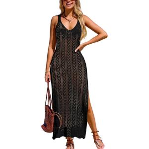 CUPSHE Women’s Swimsuit Cover Up Sleeveless Crochet Bathing Suit Coverup Split Maxi Summer Beach Dress for Swimwear(Black)