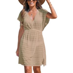 CUPSHE Womens Swimsuit Coverup Sheer Cutout V Neck Beach Dress Short Sleeve Elastic Waist 2025 Summer Outfits(Khaki)