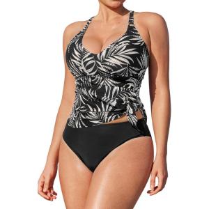 CUPSHE Women’s Tankini Sets Large Bust Two Piece Swimsuit Surplice V Neck Adjustable Straps Swimwear Back Strappy(Black/Tropical)
