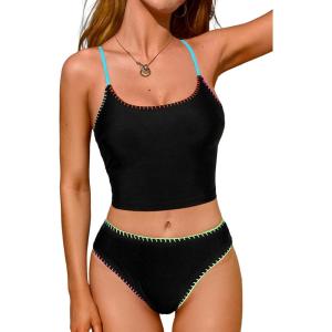 CUPSHE Women’s Tankini Sets Scoop Neck Shell Stitch Two Piece Swimsuit Crisscross Strappy Mid Rise Swimwear(Black)