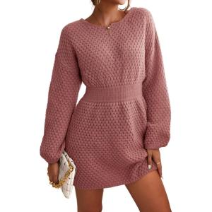 CUPSHE Womens Textured Knit Pullover Sweater Dress Long Sleeve Banded Waist Mini Casual Fall Winter Sweater Dress(Pink)