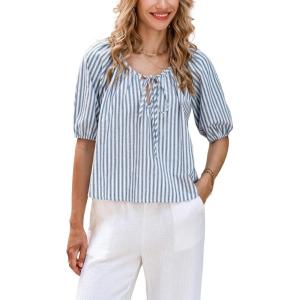 CUPSHE Women’s Tie Front Striped Shirt Cute Babydoll Tops Short Puffy Sleeve Blouse 2025 Summer Trendy Vacation Outfits(Blue)