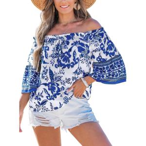 CUPSHE Womens Top Off Shoulder Neck Half Sleeves Shirt Floral Blouse Relaxed Casual Loose(Blue)