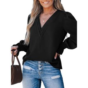 CUPSHE Womens Top Woven V Neck Long Puff Sleeves Smocked Cuffs Blouse Casual Loose(Black)