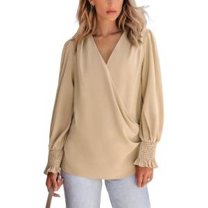 CUPSHE Women’s Tops V Neck Ruching Woven Blouson Long Sleeves Smocked Cuffs Draped Blouses Trendy Dressy(Khaki)