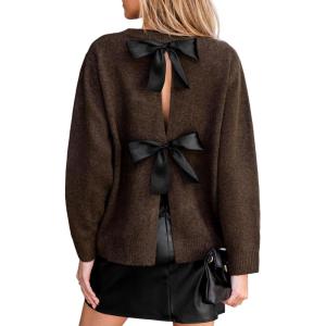 CUPSHE Women’s Trendy Knit Bow Sweater Long Sleeve Round Neck Casual Fall Winter Tops(Brown)