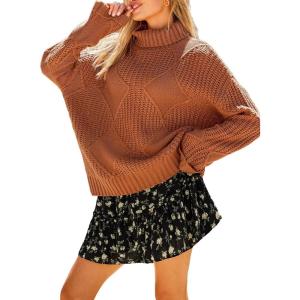 CUPSHE Womens Turtleneck Chunky Knit Sweater High Neck Cable Knit Sweater Casual Fit Long Sleeve Sweater Tops(Brown)