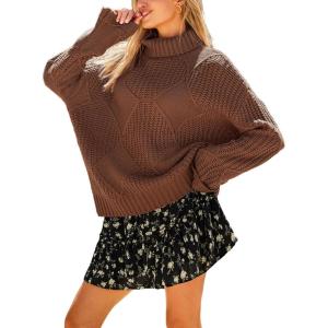 CUPSHE Womens Turtleneck Chunky Knit Sweater High Neck Cable Knit Sweater Casual Fit Long Sleeve Sweater Tops(Deep Brown)