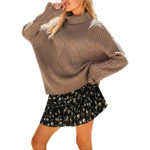 CUPSHE Womens Turtleneck Chunky Knit Sweater High Neck Cable Knit Sweater Casual Fit Long Sleeve Sweater Tops(Taupe)