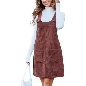 CUPSHE Women’s U Neck Pinafore Mini Fall Dress Shoulder Straps with Button Front Patch Pockets Casual Autumn Dresses(Brown)