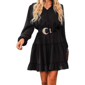 CUPSHE Women’s V Neck Pom Pom Long Sleeve Ruffled Drawstring A Line Mini Dress Green(Black)