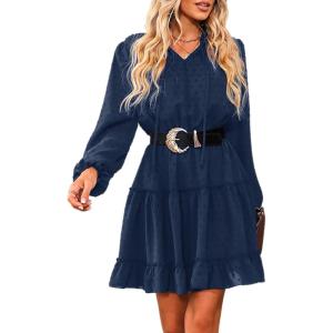 CUPSHE Women’s V Neck Pom Pom Long Sleeve Ruffled Drawstring A Line Mini Dress Green(Blue)