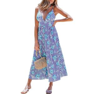 CUPSHE Women’s V Neck Striped Summer Dress Casual Floral Maxi Dresses Sleeveless Long Flowy Sundress with Removable Pads(Blue Stripe)