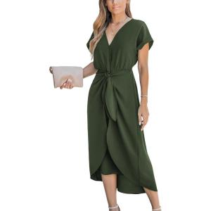 CUPSHE Women’s V Neck Wrap Dress Twisted Slit Pleated Waist Tie Short Sleeve Summer Midi Dresses(Army Green)