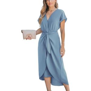 CUPSHE Women’s V Neck Wrap Dress Twisted Slit Pleated Waist Tie Short Sleeve Summer Midi Dresses(Blue)