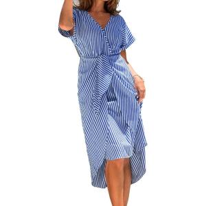 CUPSHE Women’s V Neck Wrap Dress Twisted Slit Pleated Waist Tie Short Sleeve Summer Midi Dresses(Navy Blue Stripe)