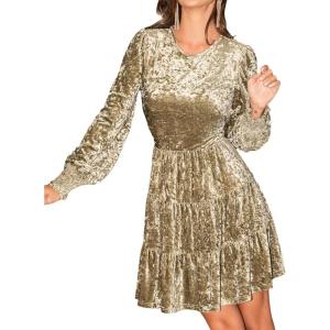 CUPSHE Women’s Velvet Mini Dresses Casual Long Sleeve A-Line Flowy Dress Cocktail Wedding Guest(Yellow)