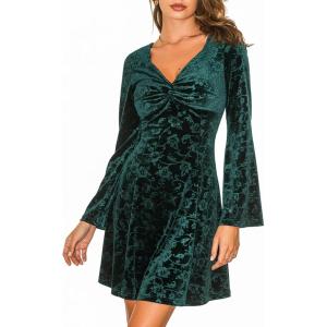 CUPSHE Women’s Vintage Velvet Dress Flare Sleeve V Neck Floral Mini Dress Party Guest Evening Dress(Green)