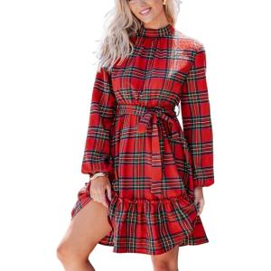 CUPSHE Women’s Winter Christmas Dress High Neck Plaid Tie Back Long Sleeve Belted Ruffled Hem Mini Dresses(Red)