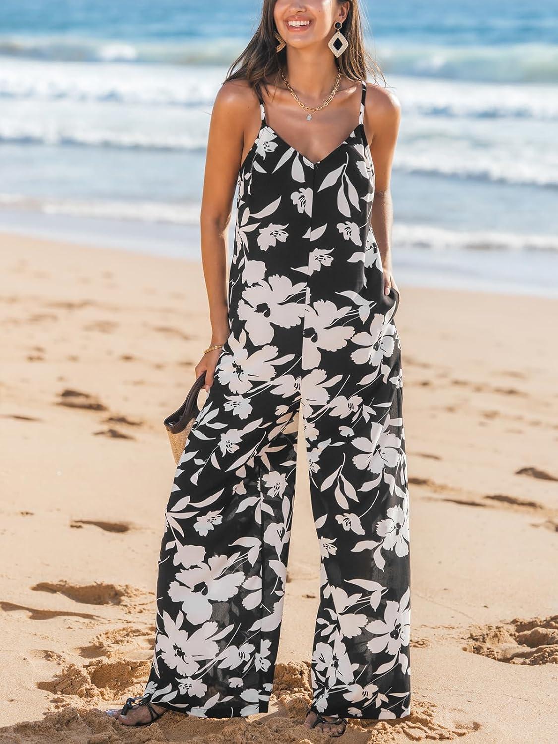 imageCUPSHE Womens Boho Printed Wide Leg Jumpsuits Casual Sleeveless Spaghetti Strap Rompers Dressy OutfitsBlack