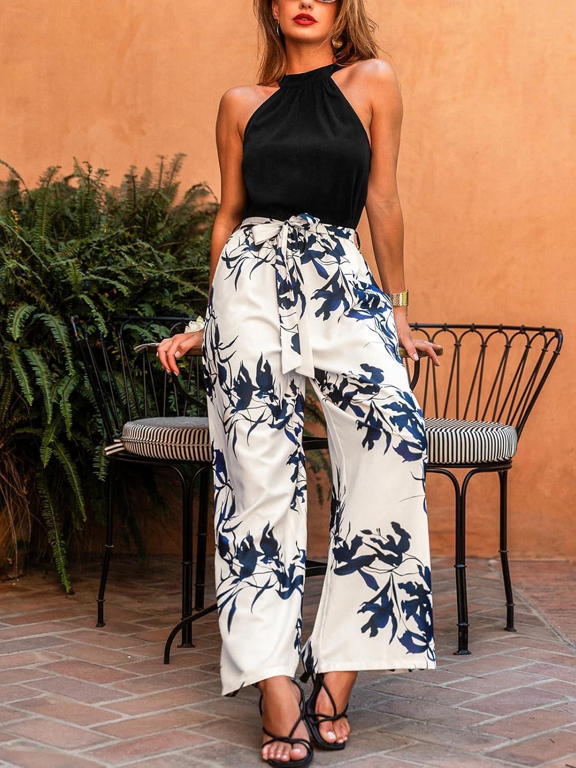 imageCUPSHE Womens One Piece Jumpsuits Halter Neck Sleeveless Printed Casual Overalls Wide Leg Long Pant Vacation OutfitsBlack