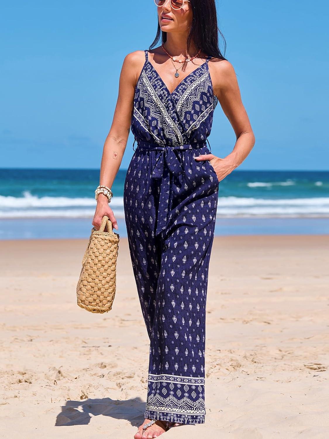 imageCUPSHE Womens Romper Floral Strap V Neck Jumpsuit Wide leg Outfit Coverup Casual DressyBlue