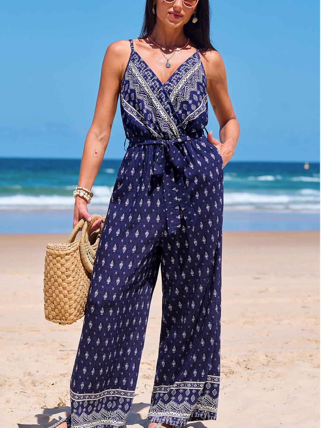 imageCUPSHE Womens Romper Floral Strap V Neck Jumpsuit Wide leg Outfit Coverup Casual DressyBlue