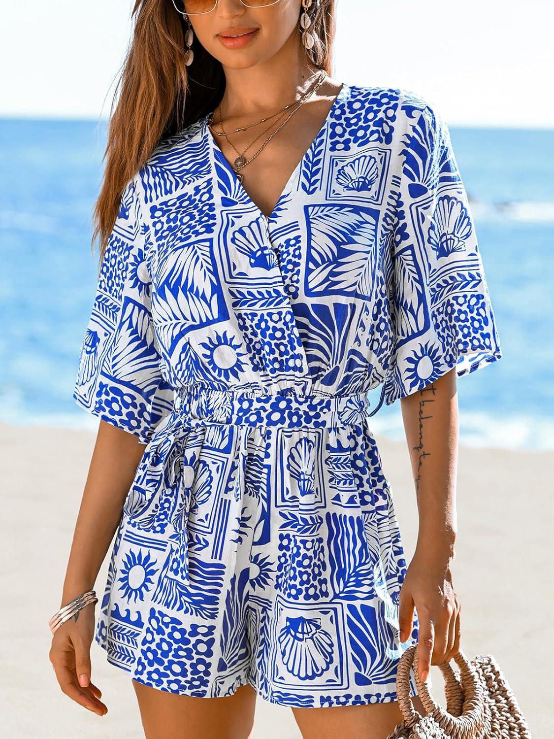 imageCUPSHE Womens Romper Floral Tropical V Neck Jumpsuit Wide leg Outfit Coverup Casual DressyBlue